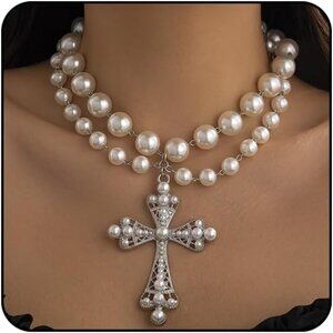Women Silver 02 Pearl Cross Necklace Chunky Gothic Punk Vintage Pendants Jewelry